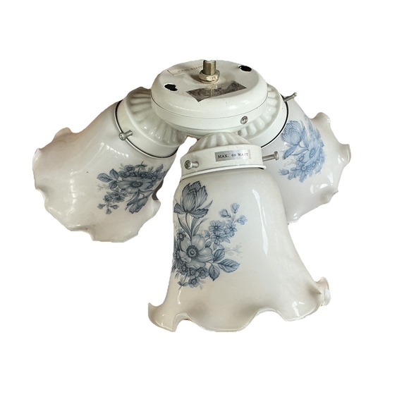 The Unbranded Brand Other - VTG White Milk Glass 3 Scalloped Shades For Ceiling Fan With Delft Flowers